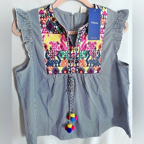 ๐ธ NWT Floerns Boho Floral Patchwork Striped Blouse | Size M - Picture 2 of 4